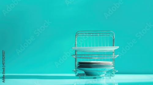 A minimalist covered dish rack with two layers, showcased against a vibrant turquoise background. This dust-safe rack helps preserve the cleanliness of your kitchenware.