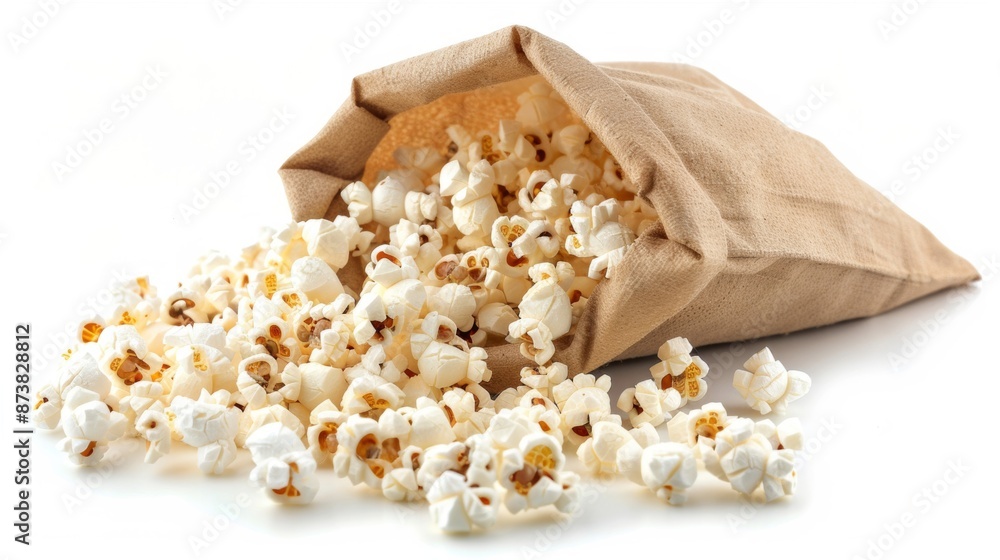 A bag of popcorn is opened, spilling its contents onto a clean white background, revealing the popcorn kernels and texture. A bag of popcorn is opened, spilling its contents onto a clean white background, revealing the popcorn kernels and texture.