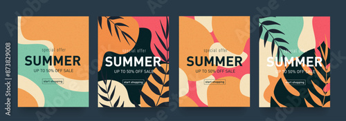 Creative Liquid Summer Design Set with Retro Abstract Patterns and Leaves. Modern Background for Advertising, Web, Social Media, Posters, Banners, and Covers. Sale Offer 50%.