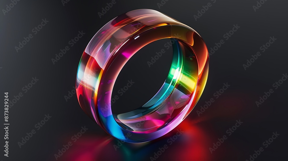 Create a sleek, translucent ring with a rainbow gradient effect, set against a deep black background. The ring should have a futuristic design, with high clarity and sharp focus, showcasing its Create a sleek, translucent ring with a rainbow gradient effect, set against a deep black background. The ring should have a futuristic design, with high clarity and sharp focus, showcasing its