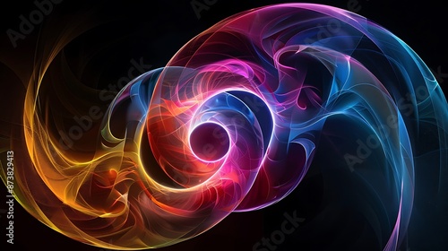 Create an abstract image showcasing a twisted, translucent spiral with vibrant neon hues on a black background. The spiral should have a smooth finish and intricate curves, with professional color