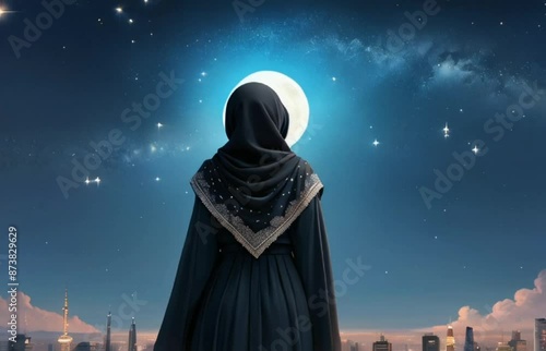 A muslim girl looking moon in sky