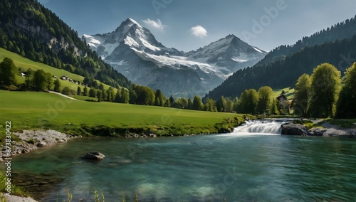 wide side view, mountain, forrest landscape, lake and waterfall, valley with fields, switzerland inspiration, 4K, nikon d5600 photography photo