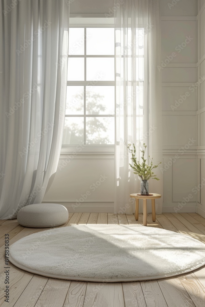 There is a white circular carpet on the white blue wooden floor, in front of an empty wall with curtains and window, there is also a small side table next to it, and some plants placed on top of them There is a white circular carpet on the white blue wooden floor, in front of an empty wall with curtains and window, there is also a small side table next to it, and some plants placed on top of them