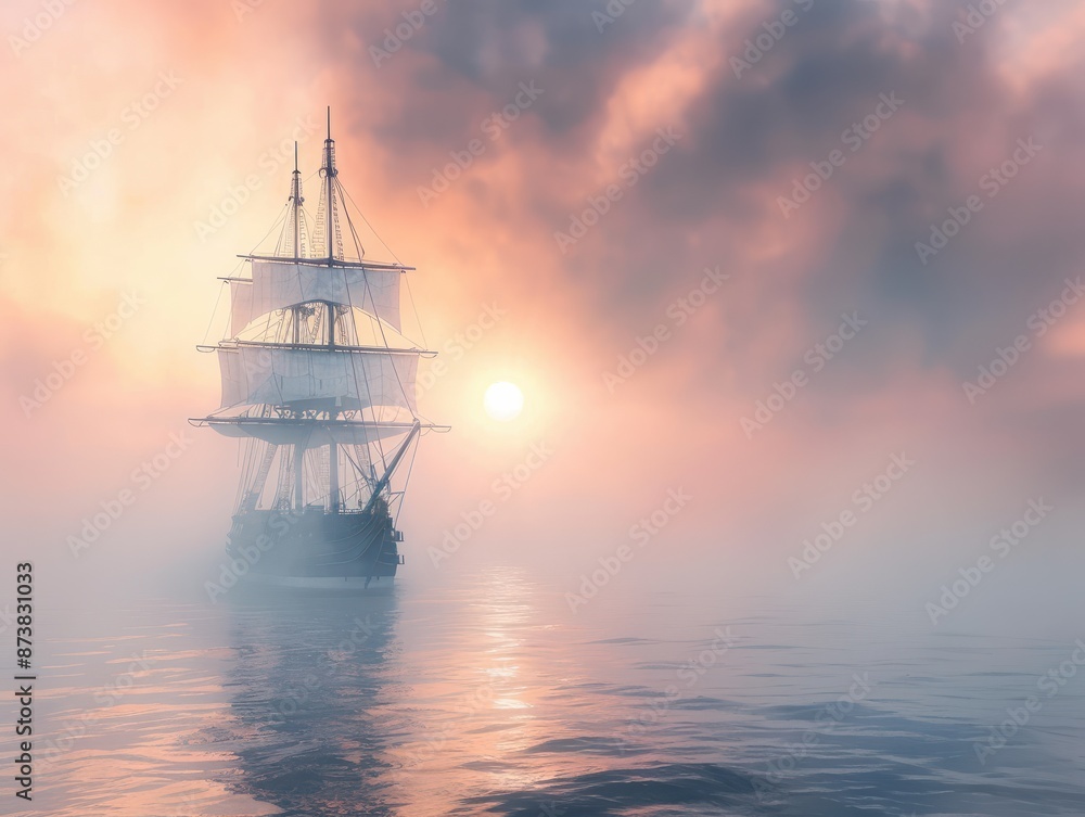 Fototapeta premium Sailing ship in sea water in heavy fog at sunset.