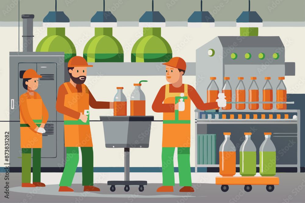 Flat vector illustration of factory workers in an industrial setting, handling and recycling plastic bottles. Flat vector illustration of factory workers in an industrial setting, handling and recycling plastic bottles.