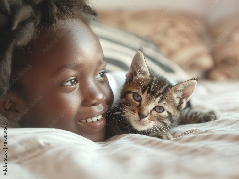 tender moment between african child and kitten on bed soft natural lighting innocent and heartwarming scene of companionship tender moment between african child and kitten on bed soft natural lighting innocent and heartwarming scene of companionship