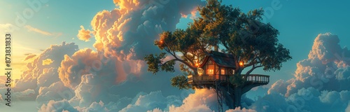 A Treehouse Nestled In A Cloud Sea At Sunset