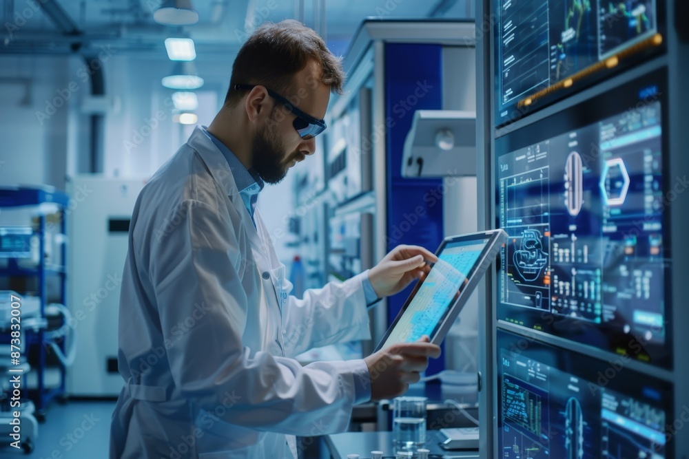 A man in a lab setting is focused on studying information displayed on a computer screen, An engineer in a high-tech research facility analyzing data A man in a lab setting is focused on studying information displayed on a computer screen, An engineer in a high-tech research facility analyzing data