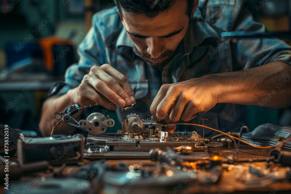 A man focused on intricately assembling a machine in a factory setting, An engineer meticulously assembling a complex mechanical device A man focused on intricately assembling a machine in a factory setting, An engineer meticulously assembling a complex mechanical device