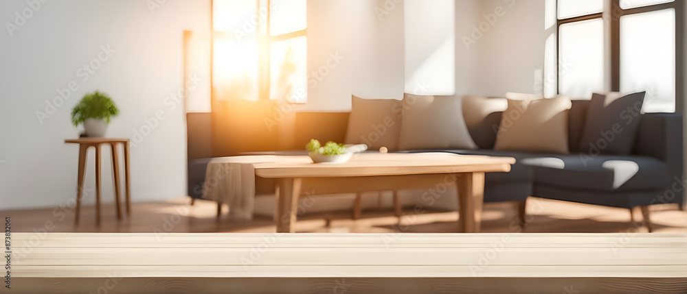 Fototapeta premium Empty table with abstract blurred background. blur living room. for product display.