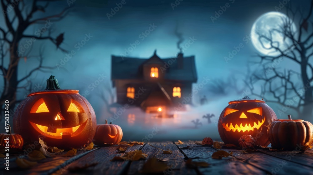 a spooky scene with a haunted house, carved pumpkins, and swirling fog, with dark, bare trees silhouetted against the moonlight, providing ample copy space for text