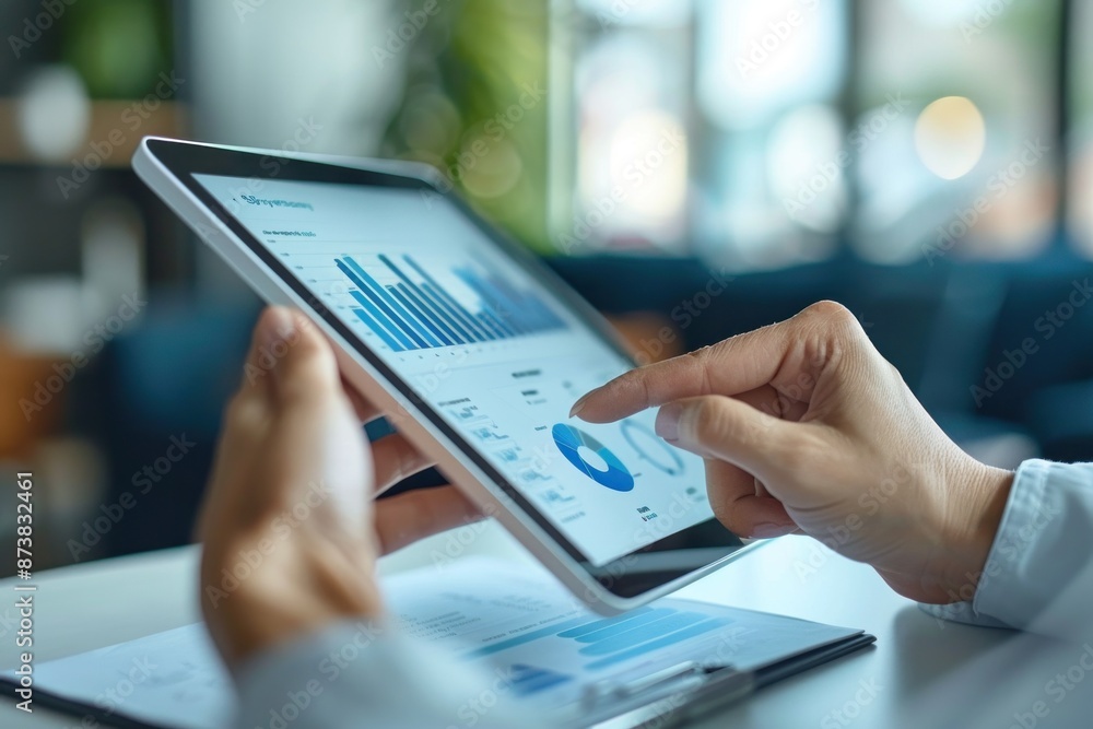 A close-up of a financial advisor's hand pointing at a graph on a tablet screen, explaining the data to a client. The client looks interested and attentive, nodding in understanding. The office A close-up of a financial advisor's hand pointing at a graph on a tablet screen, explaining the data to a client. The client looks interested and attentive, nodding in understanding. The office