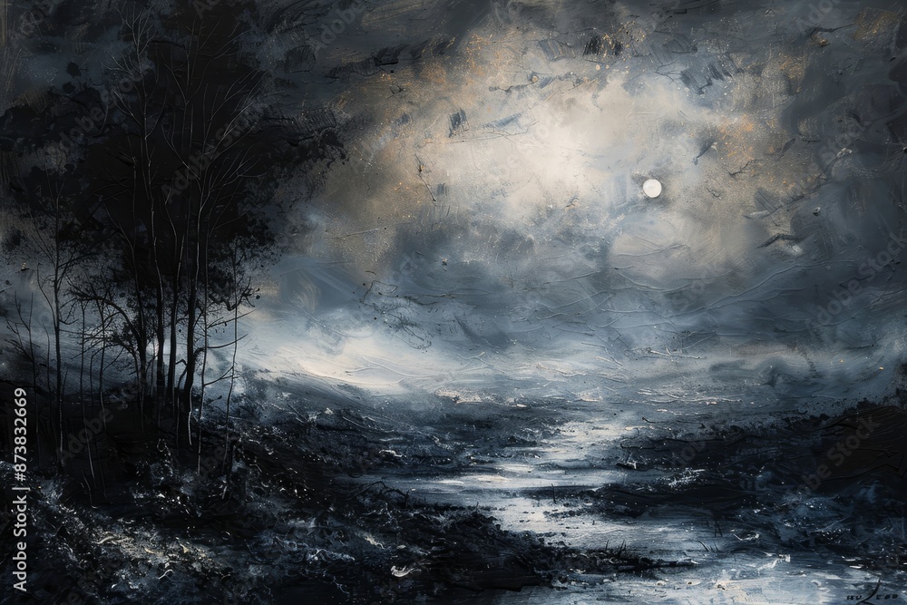 Fototapeta premium A painting depicting a dark and stormy landscape with ominous clouds and turbulent waves crashing against rocky cliffs, An ethereal landscape against a backdrop of darkness
