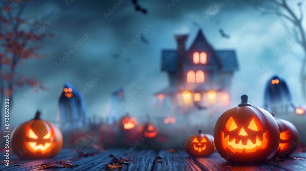 a Halloween-themed background featuring a haunted house, carved pumpkins, and ghostly figures in the mist, creating an eerie atmosphere, providing ample copy space for text a Halloween-themed background featuring a haunted house, carved pumpkins, and ghostly figures in the mist, creating an eerie atmosphere, providing ample copy space for text