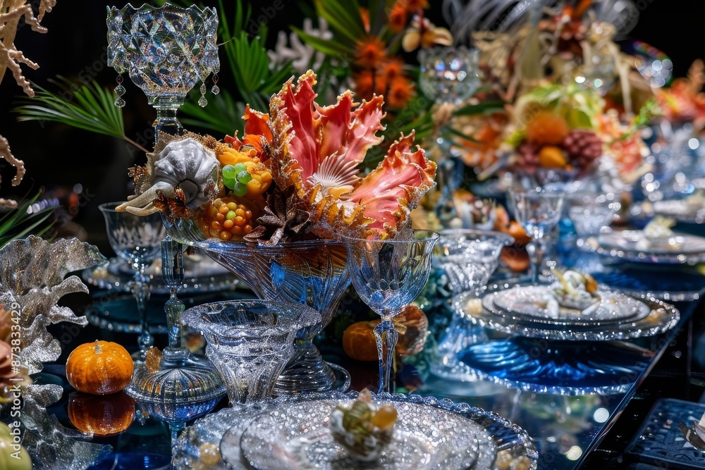 Fototapeta premium A table adorned with numerous glass dishes creating an extravagant display, An extravagant display of fine dining