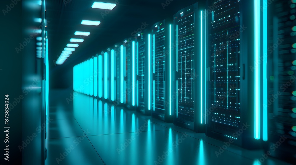 Modern data center with glowing server racks. High-tech environment showcasing advanced computing technology and network infrastructure. Modern data center with glowing server racks. High-tech environment showcasing advanced computing technology and network infrastructure.