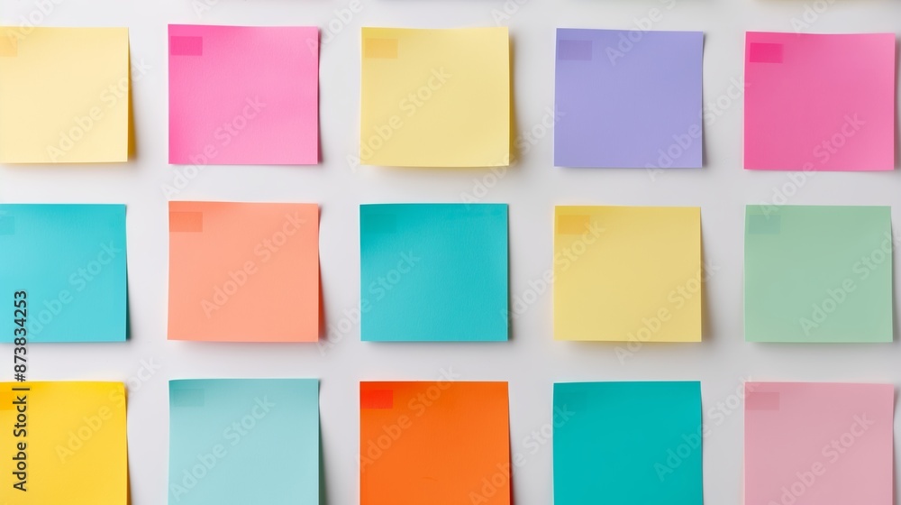 Colorful sticky notes arranged in a grid pattern on a white wall Colorful sticky notes arranged in a grid pattern on a white wall
