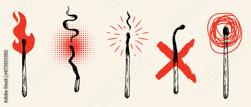 Set of matches with abstract red elements. Collection design elements in modern grunge style.