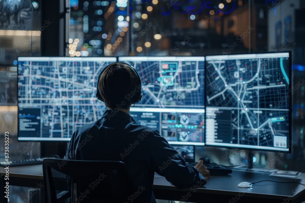 A man is seated at a desk, focused on two computer monitors displaying information and data, An innovative control hub, integrating AI and IoT technologies to streamline urban operations A man is seated at a desk, focused on two computer monitors displaying information and data, An innovative control hub, integrating AI and IoT technologies to streamline urban operations