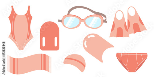 Set of swim sport equipment, towel, swimsuit, goggles and flippers