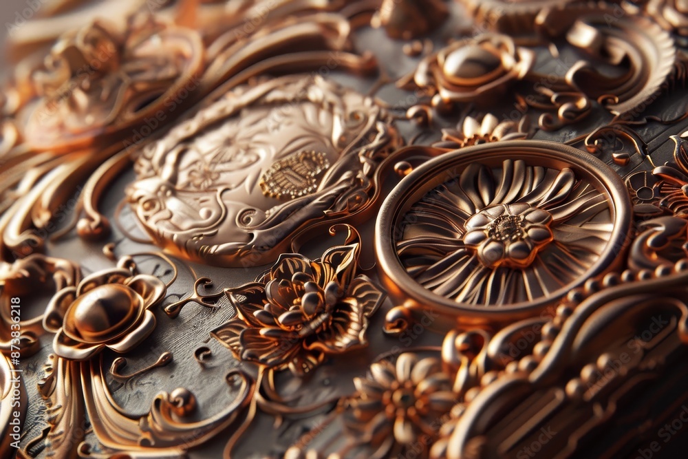 A detailed view of a metal object showcasing intricate design and texture, An intricate and detailed product packaging concept A detailed view of a metal object showcasing intricate design and texture, An intricate and detailed product packaging concept