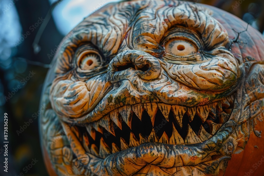 Obraz premium Detailed view of a pumpkin carved with a scary face, showcasing intricate design, An intricate carving of a spooky face on a pumpkin