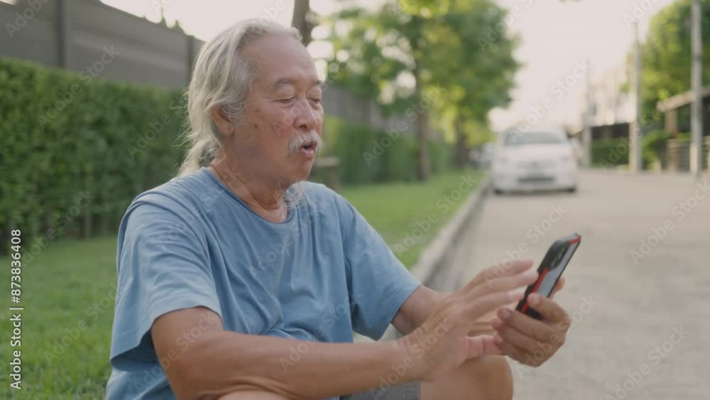 Asian senior man sitting on the grass using smart phone. Asian senior man sitting on the grass using smart phone.