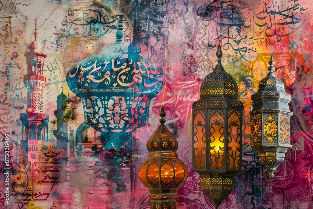 Obraz premium A painting featuring a mesmerizing collage of colorful lanterns and intricate Arabesque designs, An intricate collage of colorful lanterns and Arabic calligraphy symbolizing the holy month
