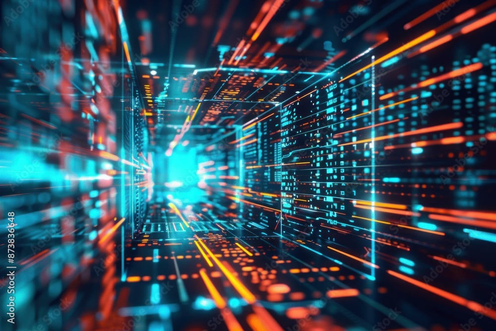 Fototapeta premium Explore the cuttingedge world of futuristic cyber data tunnel with abstract neon lights, digital technology, and glowing background