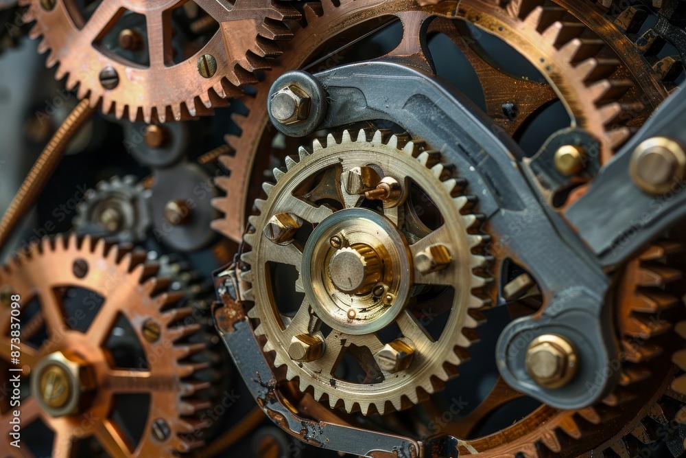 Detailed close-up of a clock mechanism filled with numerous gears in motion, An intricate mechanical contraption with gears and pulleys interlocking Detailed close-up of a clock mechanism filled with numerous gears in motion, An intricate mechanical contraption with gears and pulleys interlocking