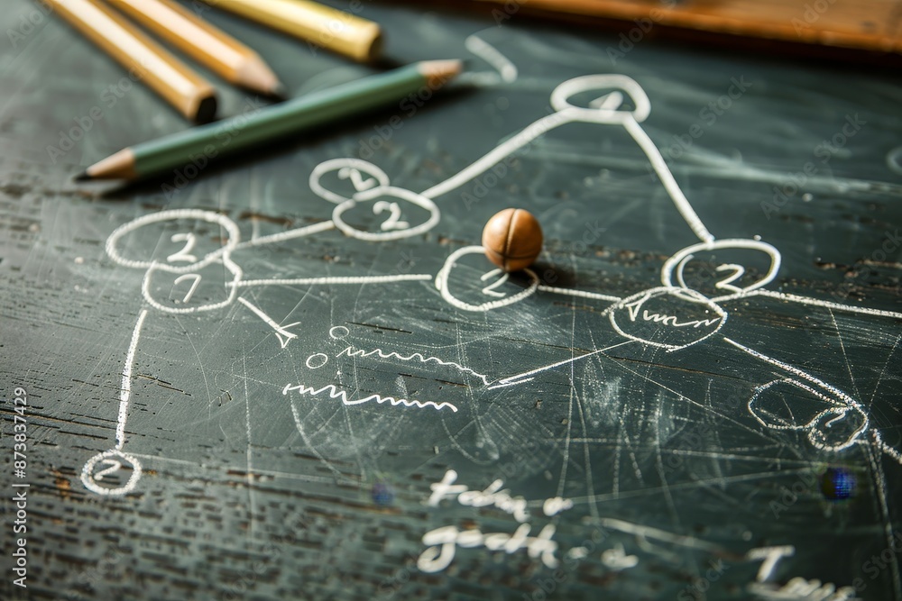 A detailed drawing of a tree and two pencils on a chalkboard, An intricate play diagram on a chalkboard, illustrating a strategic game plan A detailed drawing of a tree and two pencils on a chalkboard, An intricate play diagram on a chalkboard, illustrating a strategic game plan