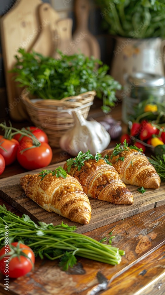 Croissants with chocolate filling placed on a wooden cutting board, surrounded by a variety of fresh vegetables. The concept of breakfast. Croissants with chocolate filling placed on a wooden cutting board, surrounded by a variety of fresh vegetables. The concept of breakfast.
