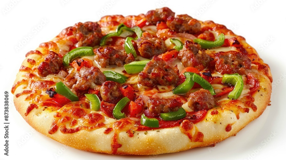 Mini pizza with sausage and green peppers, isolated on a white background Mini pizza with sausage and green peppers, isolated on a white background