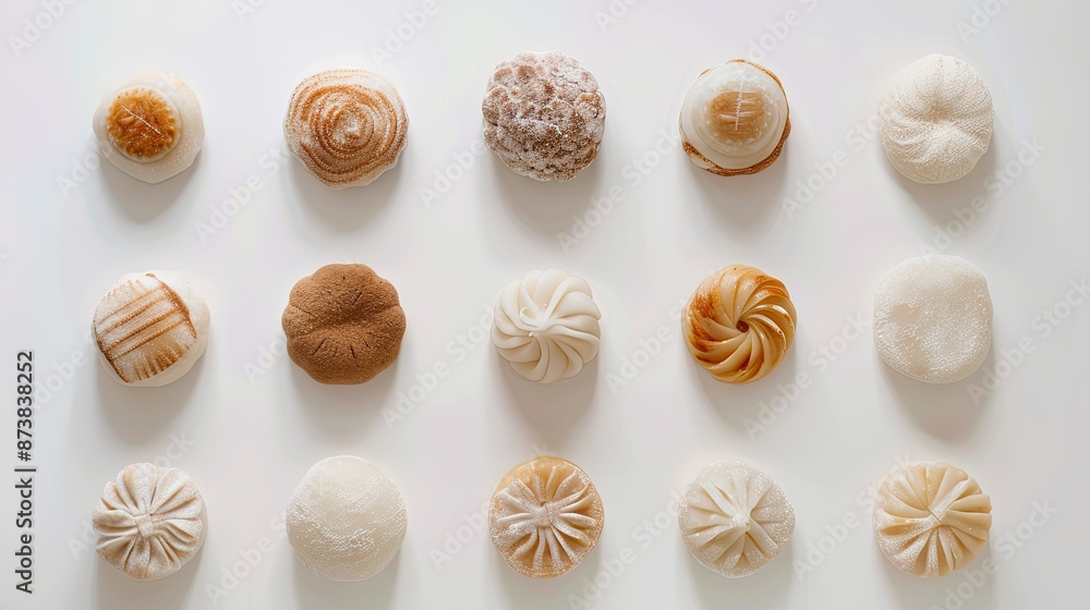 Mochi Bread arranged artistically on a white background, top-down view, perfect for culinary displays Mochi Bread arranged artistically on a white background, top-down view, perfect for culinary displays