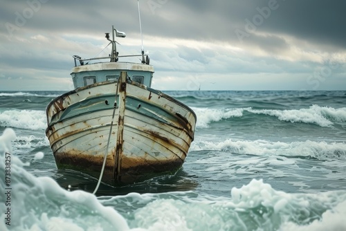 A weathered fishing boat drifts aimlessly in the vast ocean, An old, weathered fishing boat bobbing gently on the waves