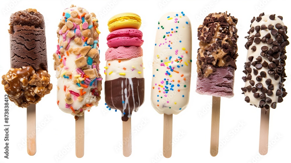 Assorted frozen confection desserts on sticks, shown separately on white background. The image is cut out and isolated. Assorted frozen confection desserts on sticks, shown separately on white background. The image is cut out and isolated.