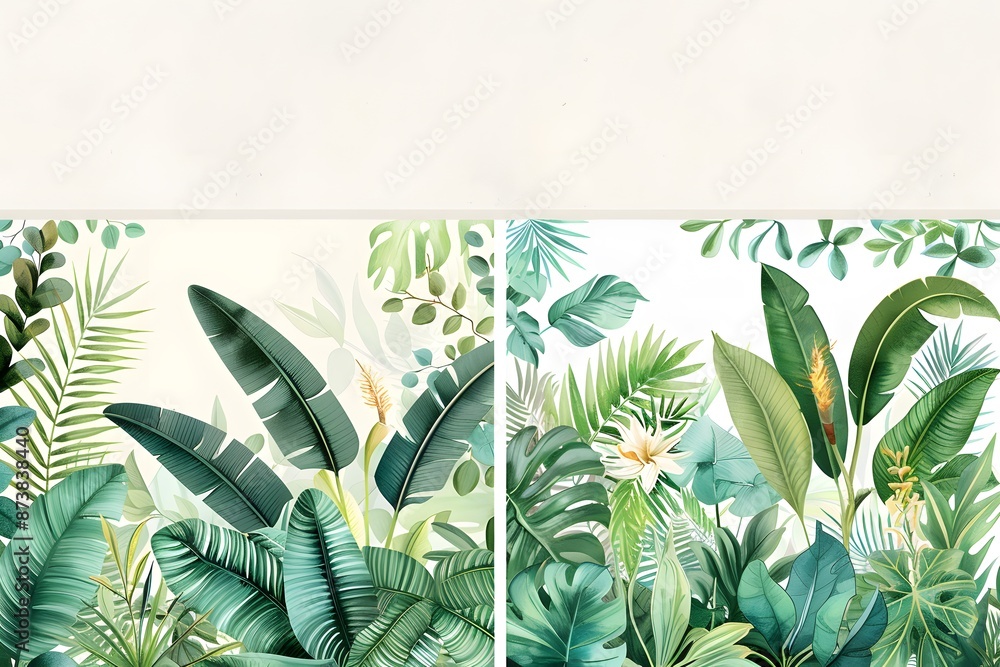 Vibrant tropical foliage: green leaves, banana plants, and exotic flowers on a soft light background Vibrant tropical foliage: green leaves, banana plants, and exotic flowers on a soft light background