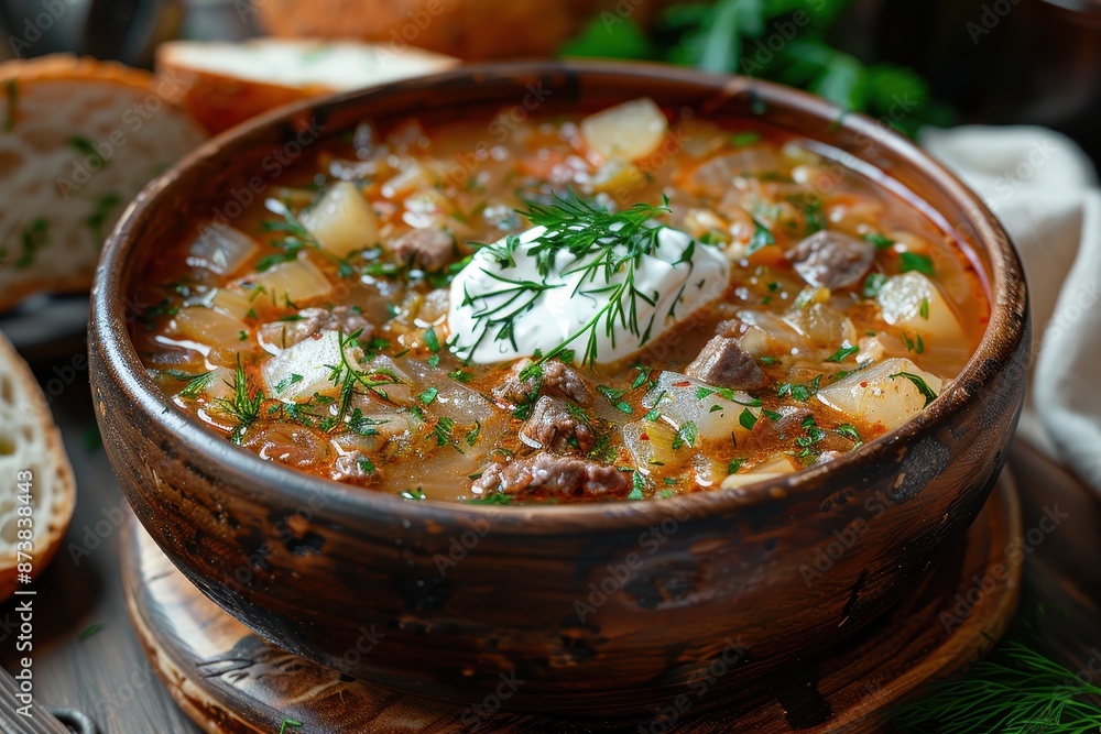 A bowl of schi, traditional Russian cabbage soup, garnished with fresh dill and a dollop of sour cream. A bowl of schi, traditional Russian cabbage soup, garnished with fresh dill and a dollop of sour cream.