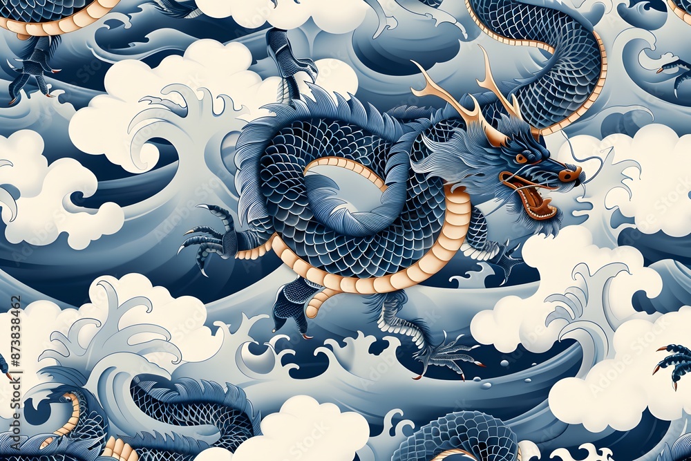 Intricate illustration of a mythical Asian dragon amidst swirling waves and clouds. Intricate illustration of a mythical Asian dragon amidst swirling waves and clouds.