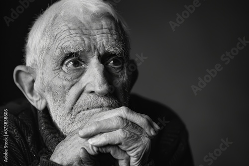 A black and white portrayal of an older man deep in thought, An older man with a contemplative expression