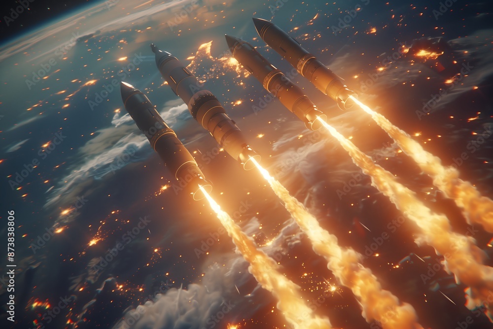 Quartet of Missiles Soaring Towards Space in a Strategic Nuclear Attack Quartet of Missiles Soaring Towards Space in a Strategic Nuclear Attack