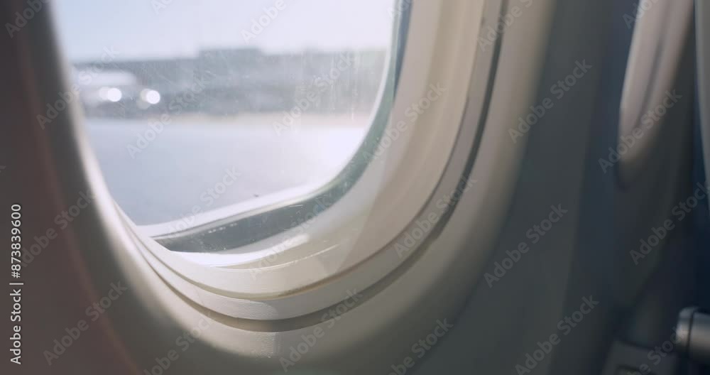 opening airplane window. close up of hand lifting airplane window while on the ground. light shining in through the window. opening the window blind in an airplane. traveling the world opening airplane window. close up of hand lifting airplane window while on the ground. light shining in through the window. opening the window blind in an airplane. traveling the world
