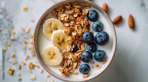 A bowl filled with granola topped with fresh blueberries and sliced bananas. The concept of a healthy breakfast. photo