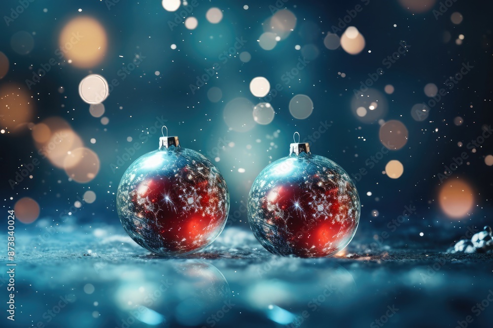 Red snowy Christmas tree toy balls on festive blue bokeh background with white winter snow Red snowy Christmas tree toy balls on festive blue bokeh background with white winter snow