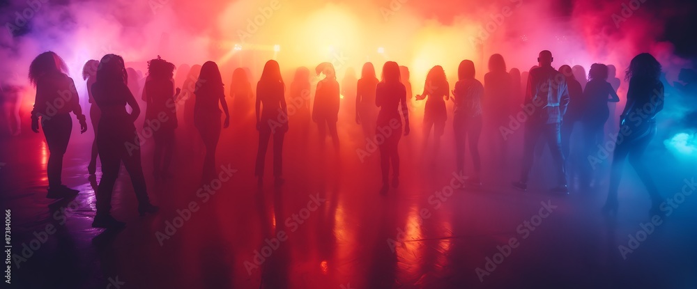 Group of Silhouetted People Dancing in a Colorful Foggy Club Atmosphere Group of Silhouetted People Dancing in a Colorful Foggy Club Atmosphere
