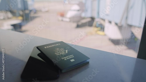 Hands holding passport and smartphone while waiting to board flight in airport terminal or gate. Man waiting bored and impatient. Flight delay or cancellation. People waiting in lounge