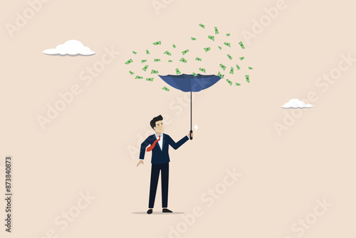 Successful businessman, rich businessman, lots of income, business profit concept, businessman collects a lot of money using upside down umbrella.