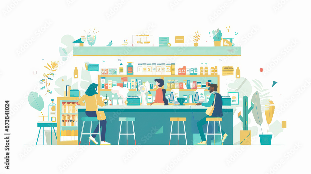 Care for Customers : A cozy cafe with people enjoying drinks, baristas working, and shelves filled with various coffee products and plants. The ambiance is inviting and serene. Care for Customers : A cozy cafe with people enjoying drinks, baristas working, and shelves filled with various coffee products and plants. The ambiance is inviting and serene.