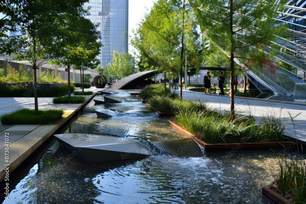 A river courses through a park with tall buildings in an urban setting, An urban park filled with modern sculptures and water features A river courses through a park with tall buildings in an urban setting, An urban park filled with modern sculptures and water features